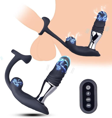 3 en 1 Électro Choc Vibrateur Anal Ance Bague de Pénis Stimulateur de Prostate avec 10 Fonctions de Vibration Télescopique & 3 Modes d'Électrostimulation, Masseur Anal SM Extrême Jouet Sexuel pour Homme en Solo