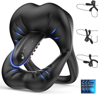 Double Anneau Penien - Anneau Homme Sex Toýs Homme, Anneau Vibrant Pénis Clitoridienne avec Vibromasseur à Langue Reglable, Cockring Sextoy Jouet Sexualité Couple avec Le Stimulateur du Périnée
